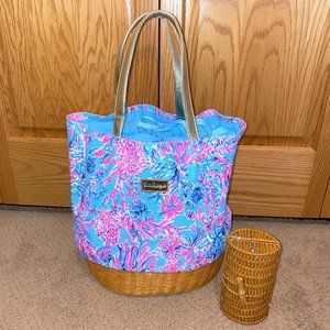 LILLY PULITZER GWP CANVAS & WICKER-TOTE-CLUTCH/SUN GLASS CASE SEEK & SEE PRINT